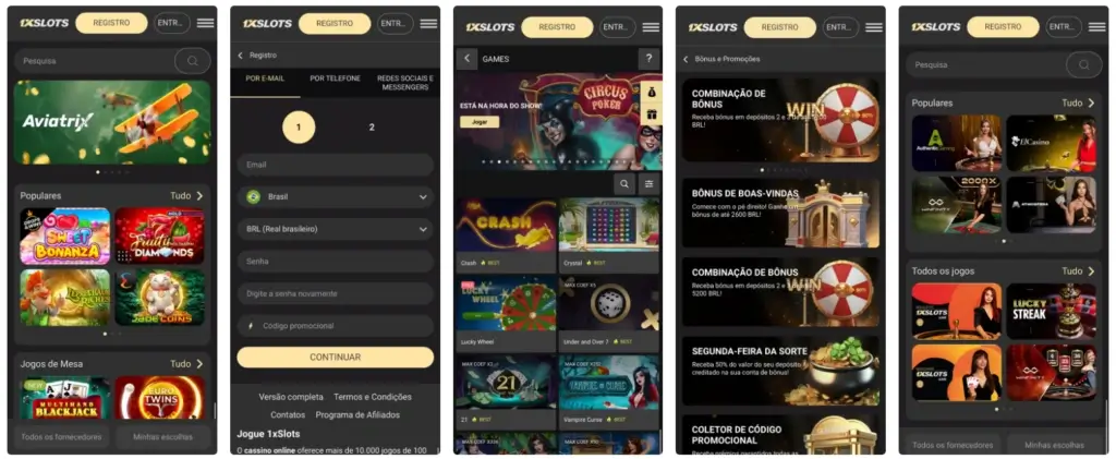 Interfaz de la aplicación móvil 1xSlots